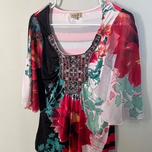 ONE WORLD Multicolored Floral Blouse Size Medium